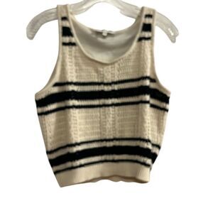 Freshman 1966 Women's Striped Crochet Knit Tank Top Cream Black Size L Casual
